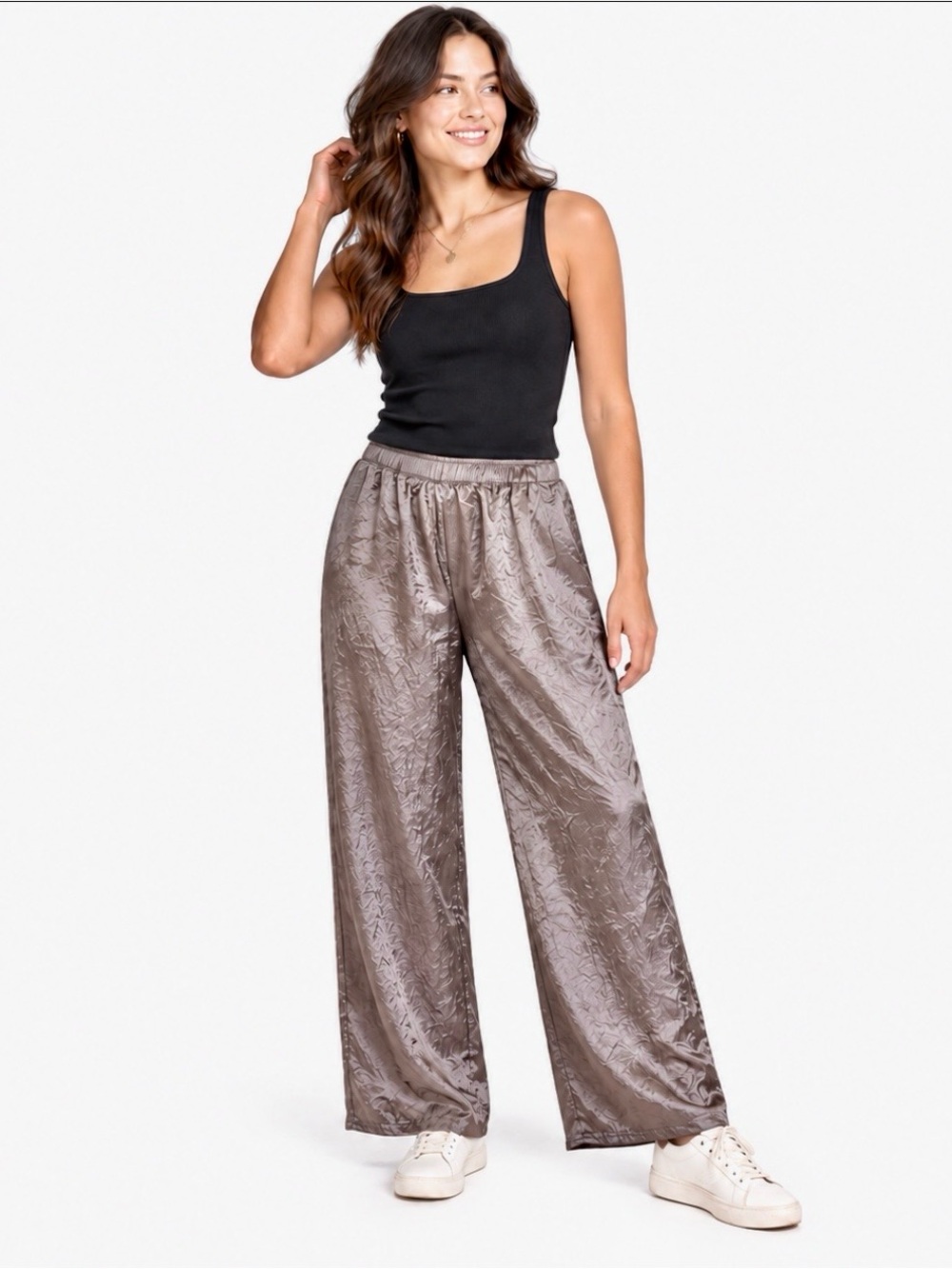 Urban Revivo Crinkled Liquid Metallic Wide Leg Trousers Pants Taupe Grey